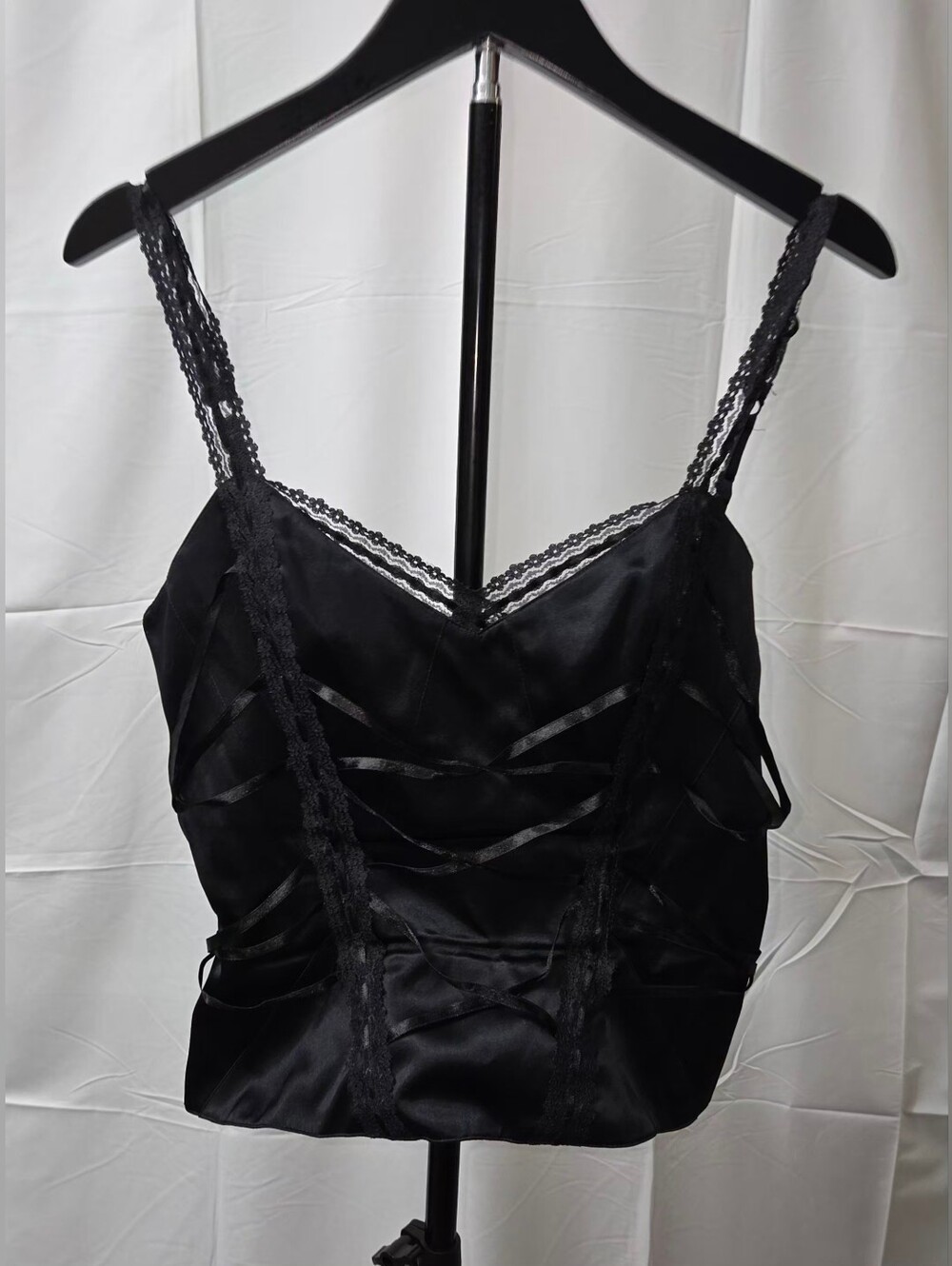 Bebe Black Satin Lace Trim Corset Faux Lace Up Cami Top